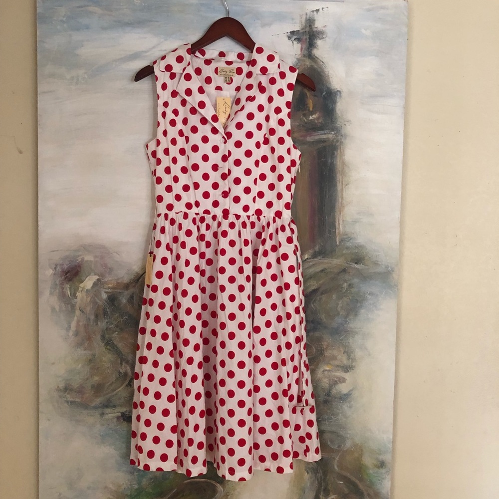 Lindy Bop dress, white w/red polka dots NWT M